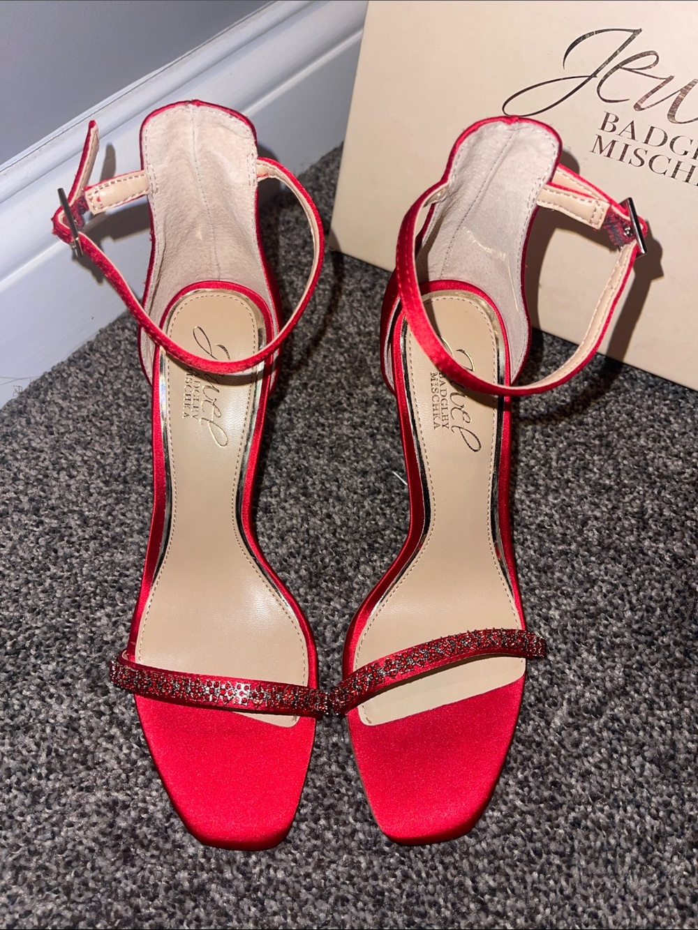 Jewel Badgley Mischka Red Satin Ankle-Strap Sandals with Glitter Strap